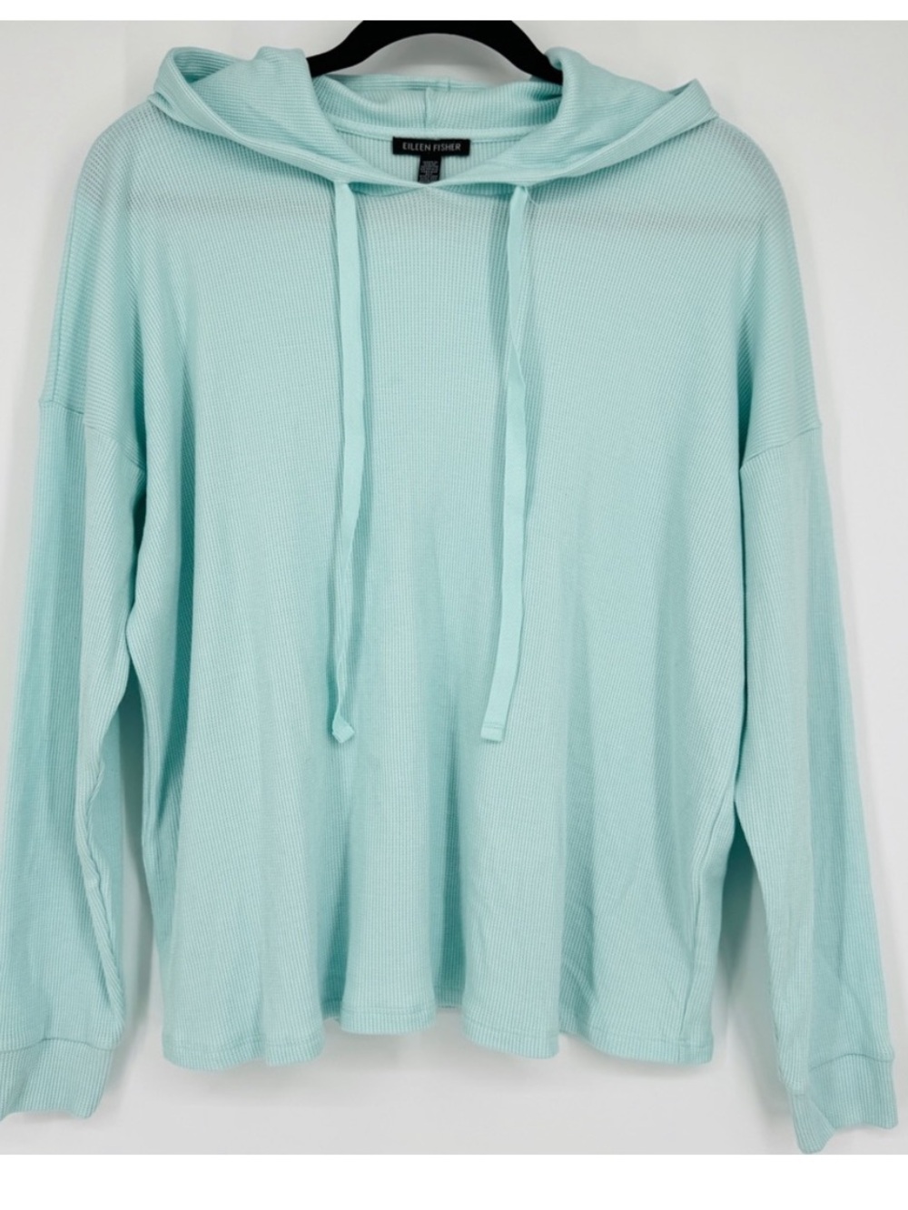 Eileen Fisher Waffle Knit Hoodie Light Aqua XL Tencel Blend Drop Shoulder Croppe